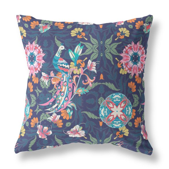 28" X 28" Floral Blue And Pink Broadcloth Floral Throw Pillow