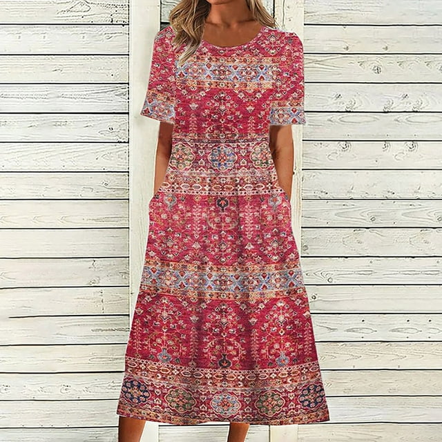 YUNAFFT Robes pour Femmes Liquidation Robes d'Été Décontractées Col Rond Manches Courtes Fermeture Éclair Pliable Imprimé Floral Vente