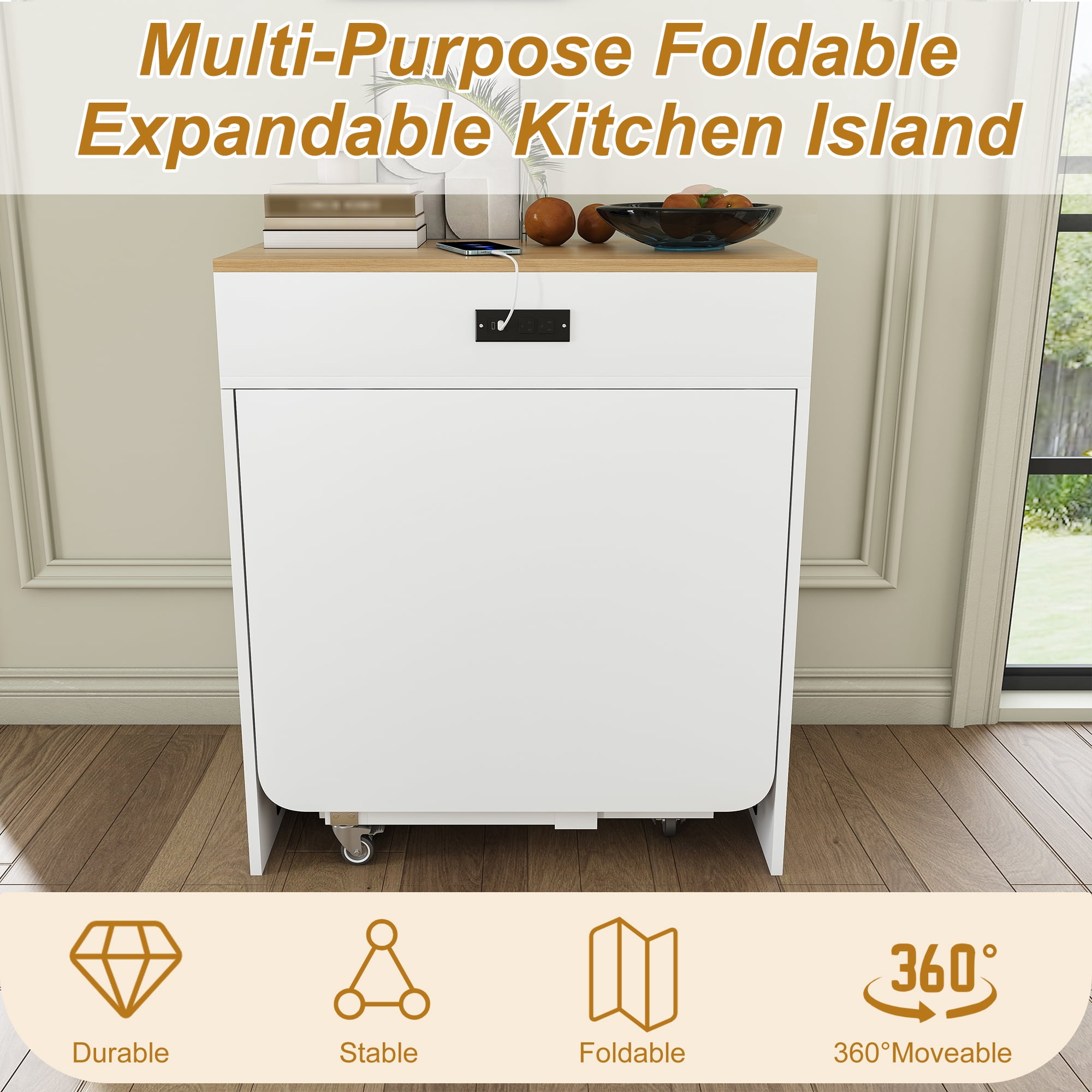 Mintazer Expandable Rolling Kitchen Island Dining Table with Power Outlet, Multi‑Mode Telescopic Folding Table with Lockable Casters & Storage Compartments for Small Apartment, White