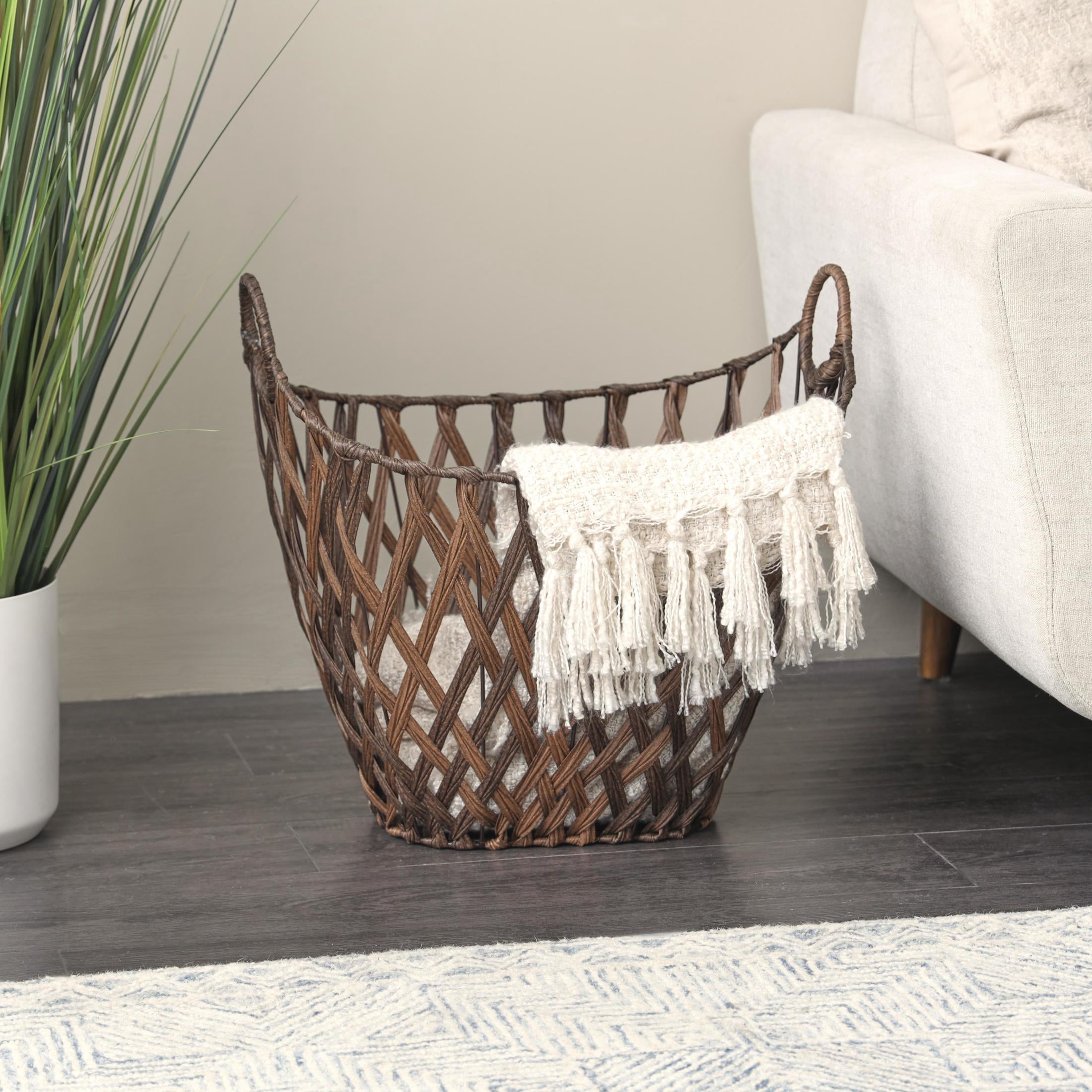 DecMode 21" x 19" Bronze Plastic Rattan Geometric Open Frame Woven Storage Basket with Ring Handles, 1-Piece