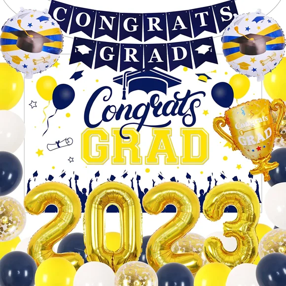 Graduation Party Decorations 2023 - Graduation Decorations Blue and Gold Balloons, Congrats Grad Banner, Navy Graduation Backdrop, 2023 Graduation Trophy Foil Balloon for Senior High School College