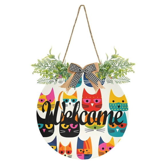 Heads Cats Welcome Sign for Front Door Wreath Door Sign for Farmhouse Porch Decoration Indoor Outdoor