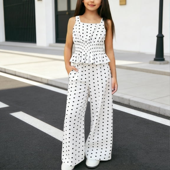 hengsof Tweens Girls Solid Polka Dot Two Piece Set, Cinched Waist Tank Top and Long Casual Pants Coordinated Outfit for Summer, Ages 8 to 12 Years