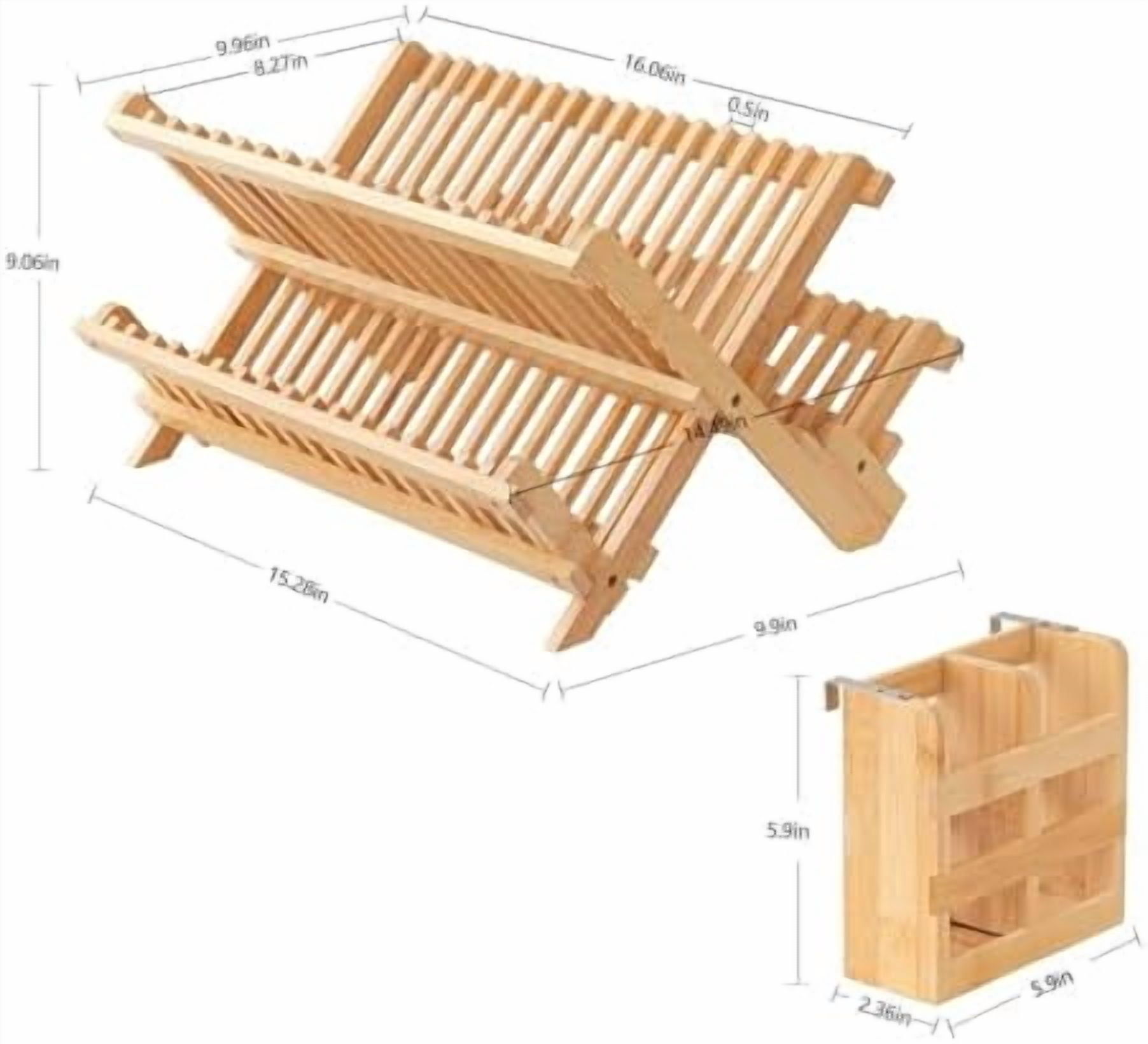 Bamboo Dish Drying Rack with Utensils Flatware Holder Set, 3-Tier Large Folding Drying Holder for Kitchen Counter, Collapsible Drainer