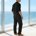 thumbnail image 6 of LEKWK Men Linen Sets Outfits 2 Piece Long Sleeve V Neck Casual Tops and Drawstring Elastic Waist Wide Leg Pants Summer Casual Beach Vacation Resort Outfits, 6 of 9