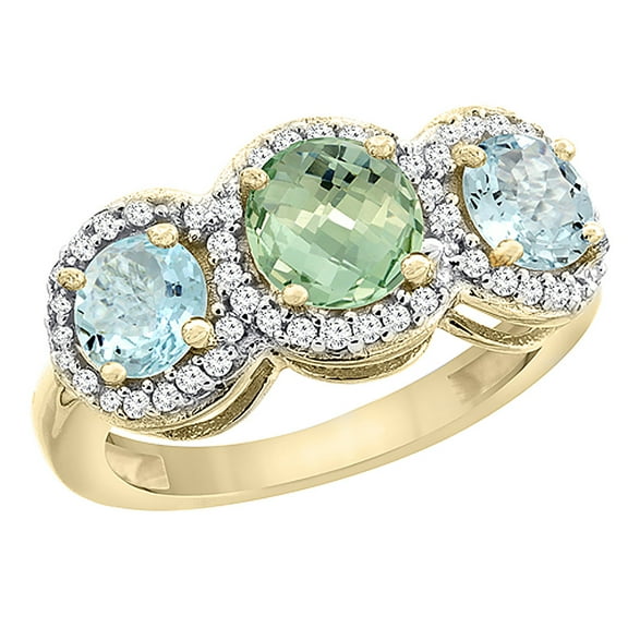 14K Yellow Gold Natural Green Amethyst & Aquamarine Sides Round 3-stone Ring Diamond Accents, size 9