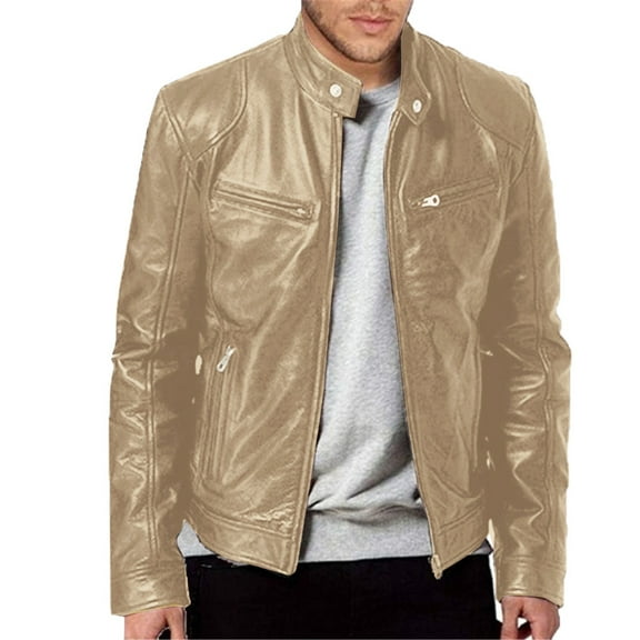 Men's Autumn and Winter Stand Collar Leather Jacket Zip Faux Leather Jacket Long Sleeve Jacket