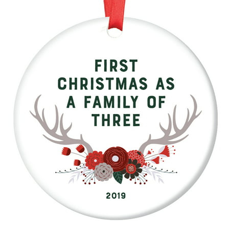 New Baby Gift 2019 Ornament First Christmas Family of Three 1st Time Mom Dad Parents Newborn Present Shower Woodland Theme Boho Floral Antlers Glossy Ceramic 3
