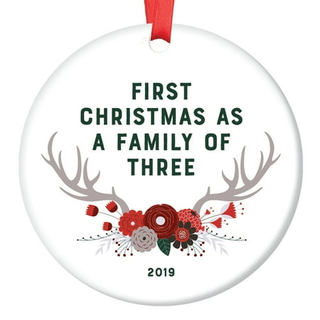 Gifts For Mom Christmas 2019 New Baby Gift 2019 Ornament First Christmas Family of Three 1st Time Mom Dad Parents Newborn Present Shower Woodland Theme Boho Floral Antlers Glossy Ceramic 3