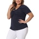 thumbnail image 4 of Agnes Orinda Blusa de Talla Grande para Mujer, Tejido Acanalado, Cuello con Corte, Nudo en la Parte Frontal, Manga Corta, Talla 1X, Azul Marino, 4 of 5