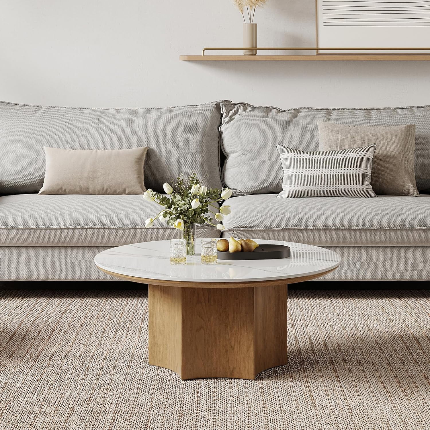 35.43" Round Coffee Table for Living Room, Sintered Stone Coffee Table with Wooden Hexagon Base, Modern Living Room Table Circle Center Table Tea Table for Home Office