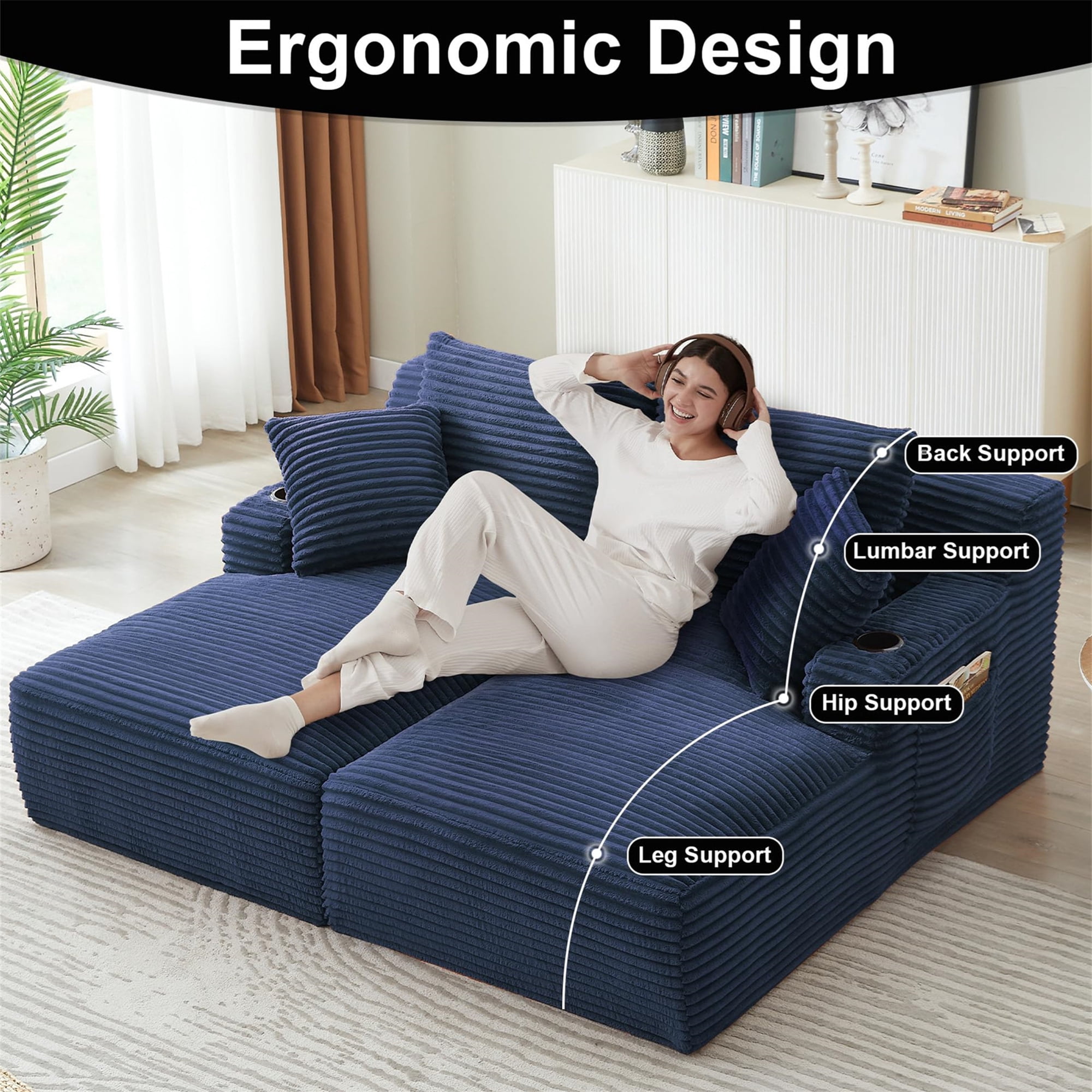 Aukfa Oversized Double Chaise Lounge Modular Boneless Couch for Living Room, 2 Cup Holders, 4 Pillows, Corduroy, Blue