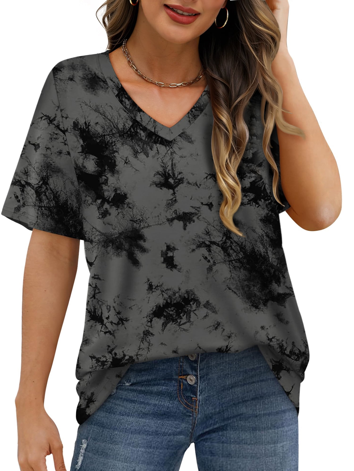 MOSHU Womens T-Shirts V Neck Short Sleeve Loose Tees Tops Casual Tie Dye Shirts for Women