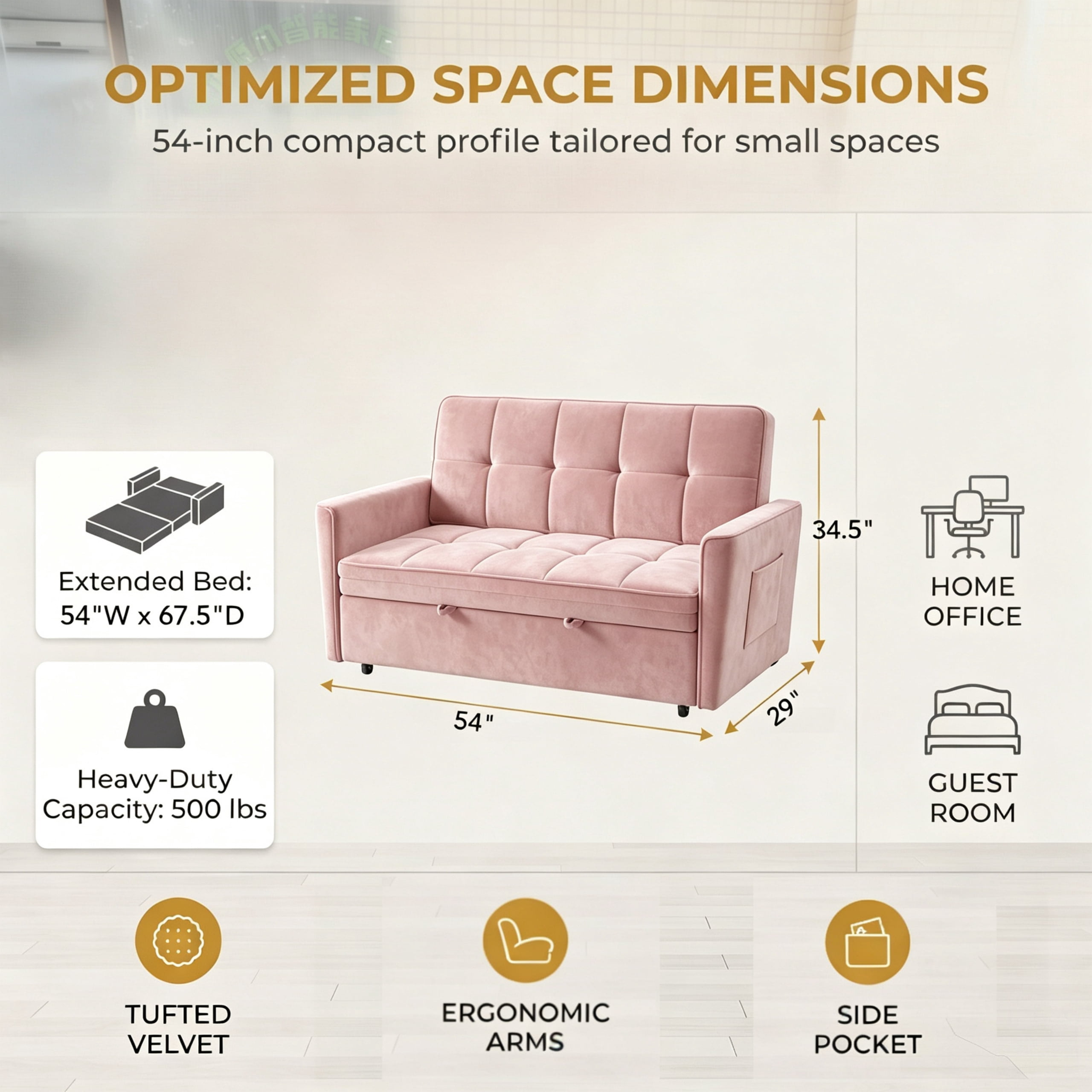 54" Convertible Sleeper Sofa Bed, Modern Velvet 3-in-1 Pull Out Loveseat Couch with 5-Position Backrest & Side Storage Pocket for Living Room, Pink