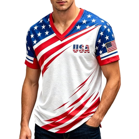 CONZONE 4Th Of July Mens T-Shirts Short Sleeve Independence Day T Shirts for Men V Neck Patriotic Usa Star Striped Graphic Casual Summer Tee Tops