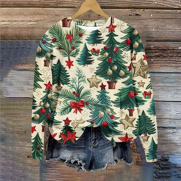 WXLWZYWL Womens Christmas Sweatshirts Cute Xmas Ugly 3D Graphic Print Sweaters Oversized Long Sleeve Round Neck Pullover Tops