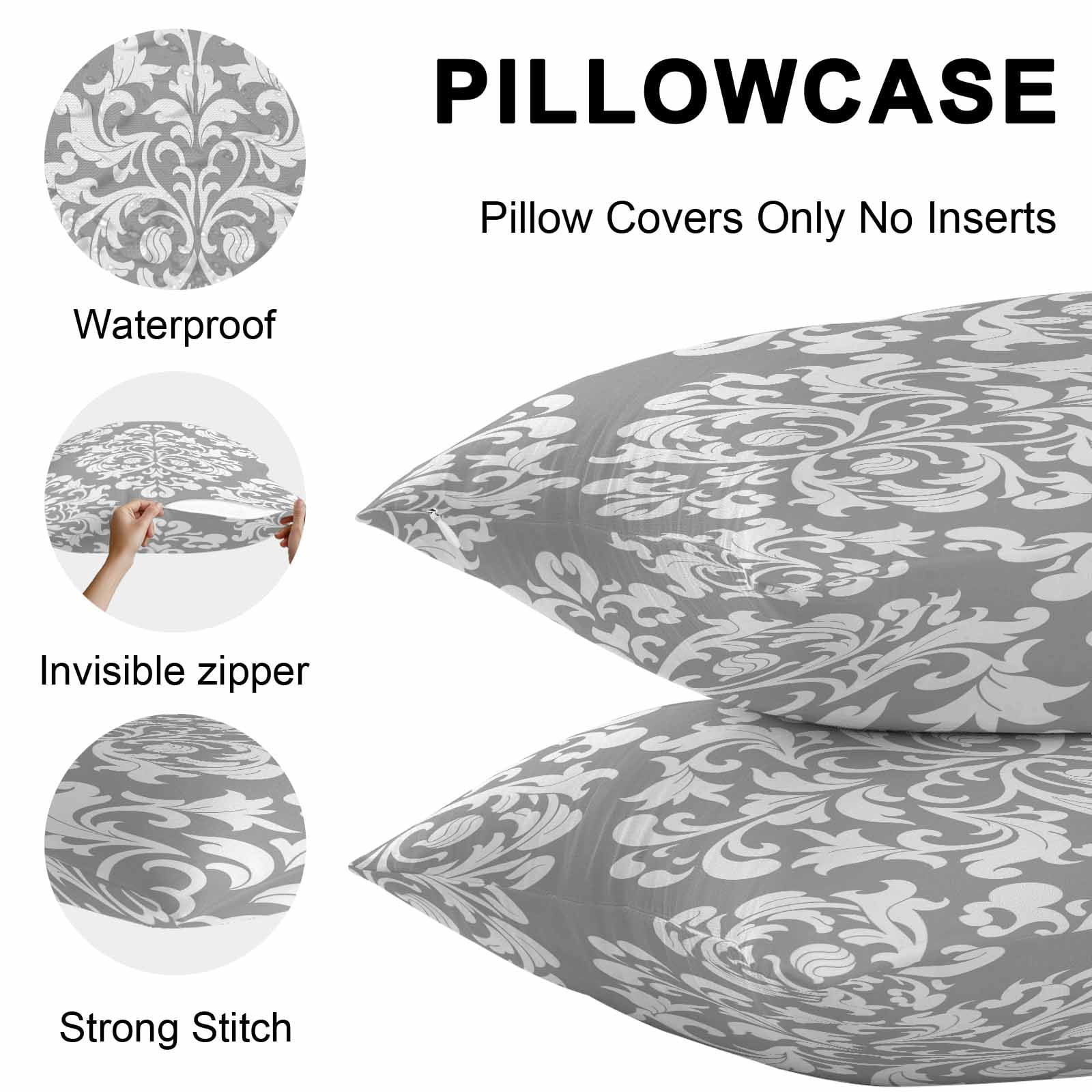 Baroque Grey Outdoor Pillow Covers 20x12 Inch Lumbar Pillow Covers Set of 2 Waterproof Decorative Throw Pillow Cases Vintage Damask Classic Floral Cushion Covers for Patio Furniture Garden Couch Sofa