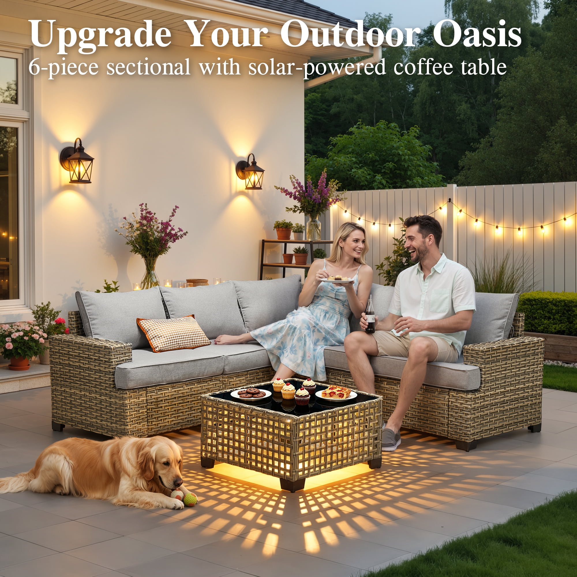 Ovios 6-Piece Outdoor Patio Furniture Set with Solar-Powered Lighted Coffee Table, All-Weather Wicker L-Shaped Sectional Sofa, Gray