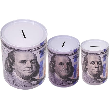 3-Pack $100 Bill Print Piggy Bank – Tall Metal Coin Bank, Durable Reusable Tin Money Saving Jar, Novelty Gift