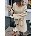 thumbnail image 5 of Tie-Waist Loose Knitted V-Neck Long Sleeved Autumn Dress Contrast Sleeves Pullover Sweater Dress S, 5 of 9