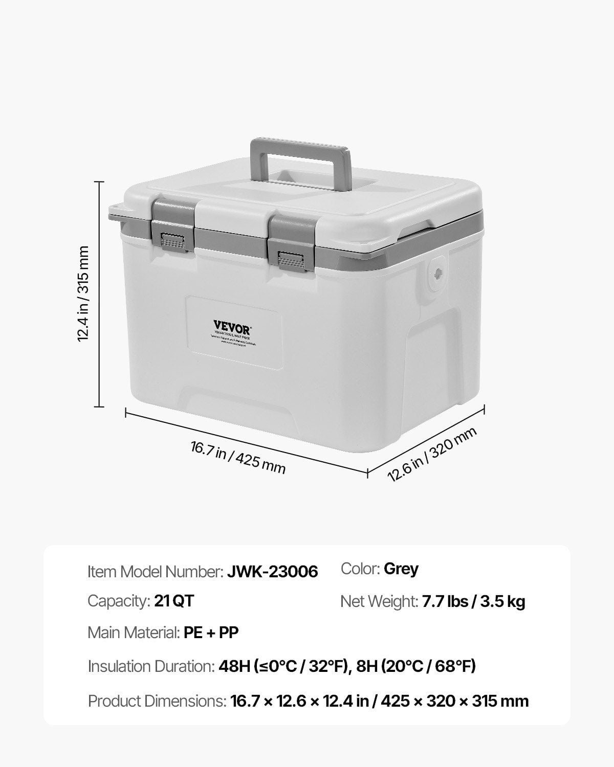 Outdoor Hard Cooler 21 QT - Insulated, Holds 30 Cans, Includes Handles & Adjustable Strap