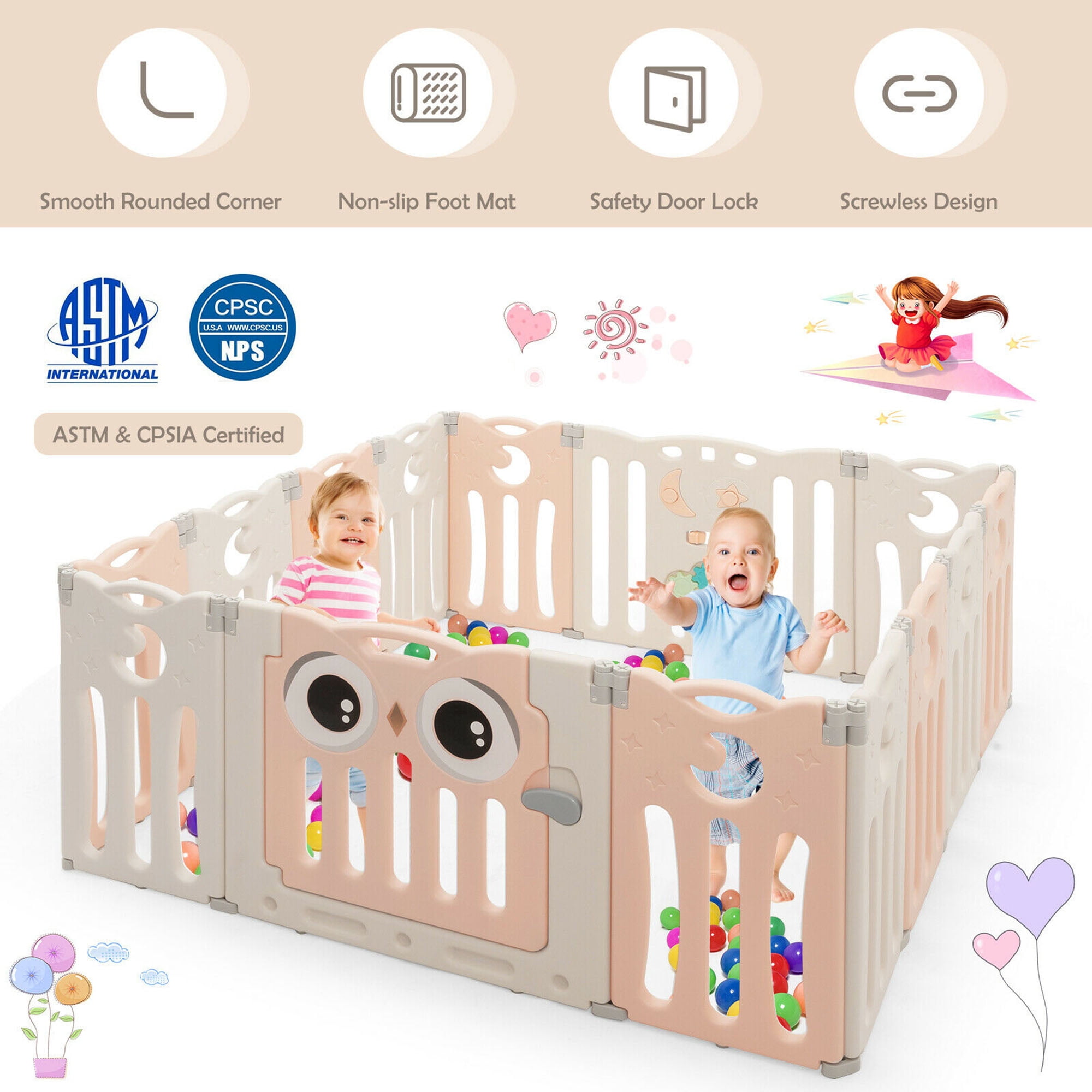 Gymax 14-Panel Baby Playpen Foldable Play Yard Kids Activity Center with Lock Door, Pink
