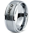 thumbnail image 1 of Tungsten Gamer Typography Writing Band Ring 8mm Men Women Comfort Fit Gray Step Bevel Edge Brushed Polished, 1 of 4