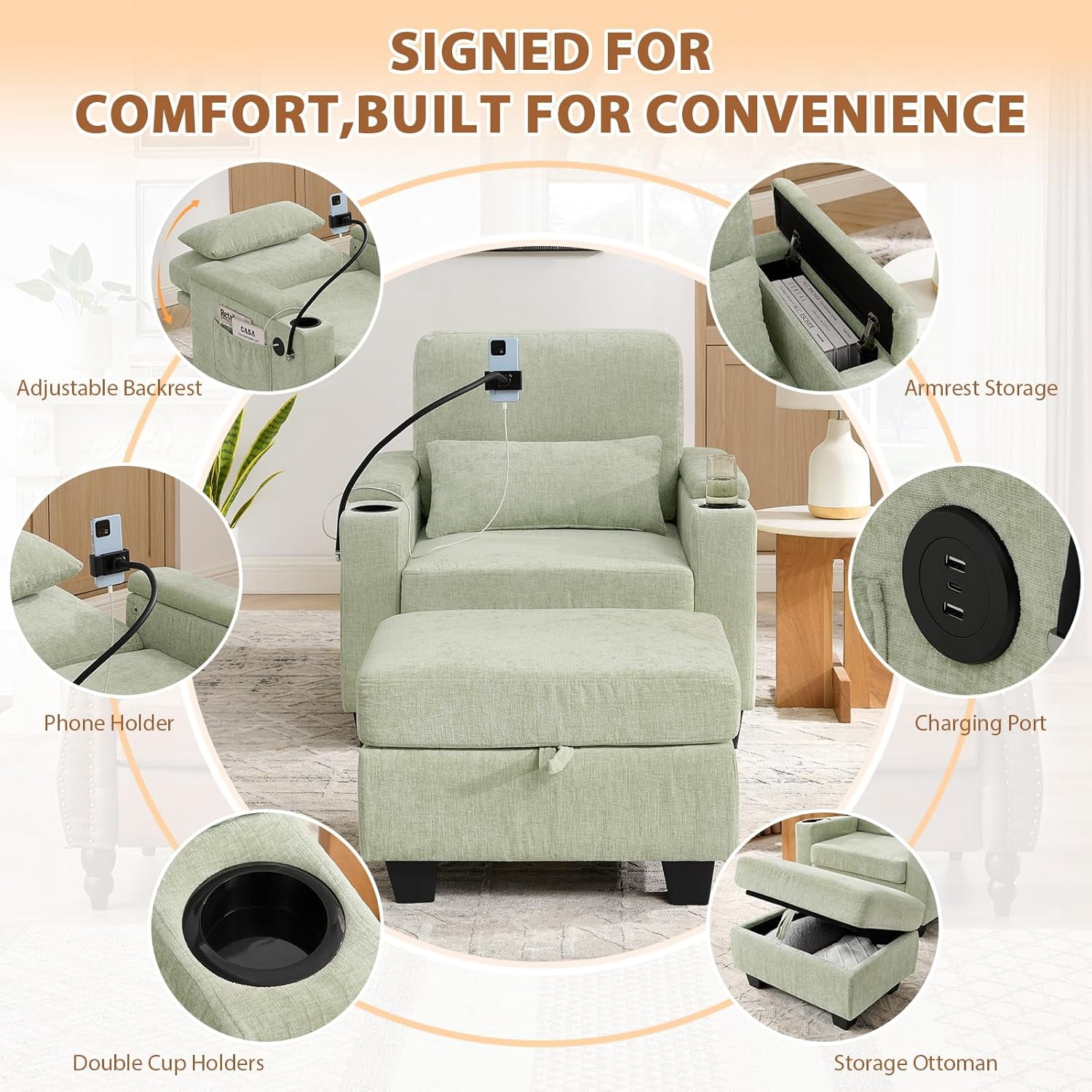 MOONMISS Oversized Chaise Lounge Chair Indoor, Single Convertible Recliner Reading Arm Sofa Chair W/Adjustable Backrest & Charging Port Couch Bed for Living Room, Home Theater & Bedroom,Green
