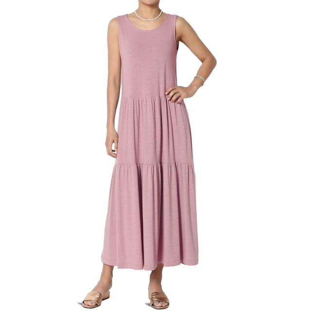 TheMoogan Robe Longue Midi Sans Manches d'Été pour Femmes Grande Taille, Col Rond, Jersey à Volants, Coupe Décontractée