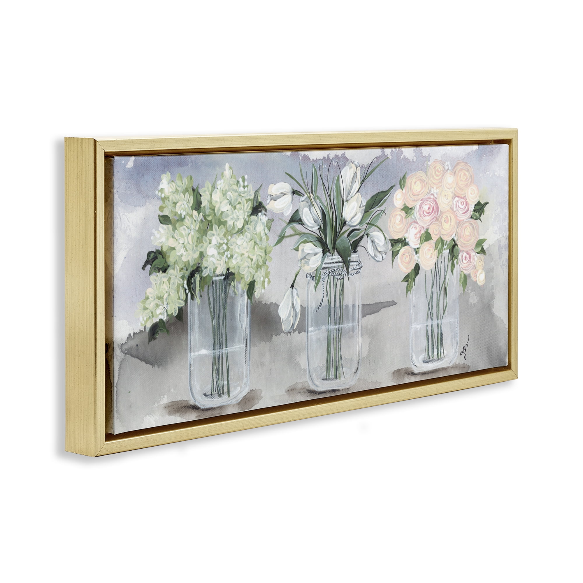 Stupell Industries Mason Jar Flower Watercolor Gold Framed Floater Canvas Wall Art, design by Julie Norkus