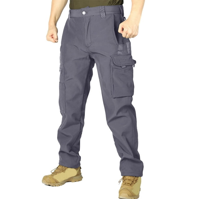 LNWUY Men's Fleece Cargo Work Pants Water Resistant Multi Pocket Tactical Pants Lightweight Stretch Hiking Ripstop Trousers Gray XL