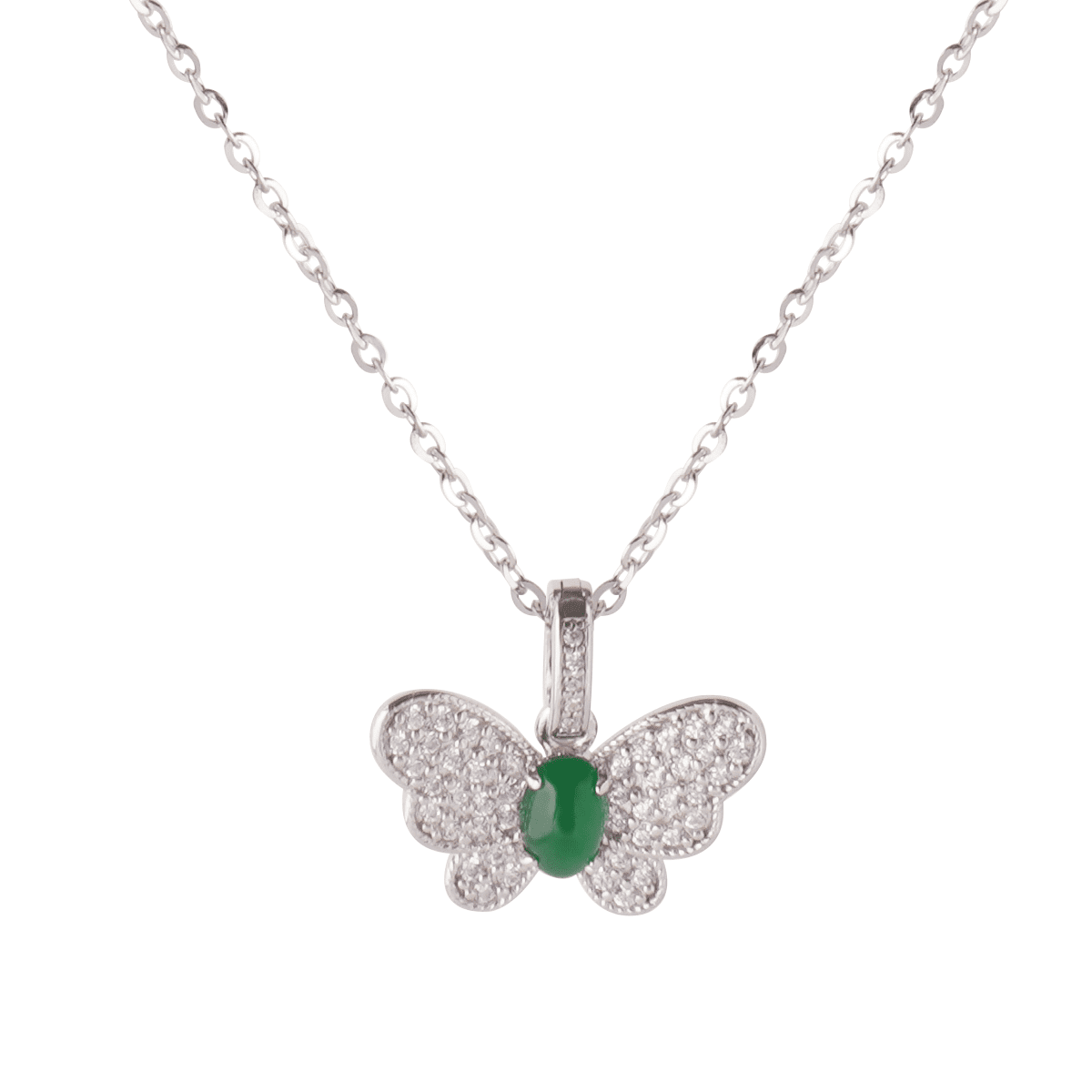 Butterfly Green Jade Pendant Necklace for Women, Alloy with Rhinestone Wings Elegant Jewelry Gift