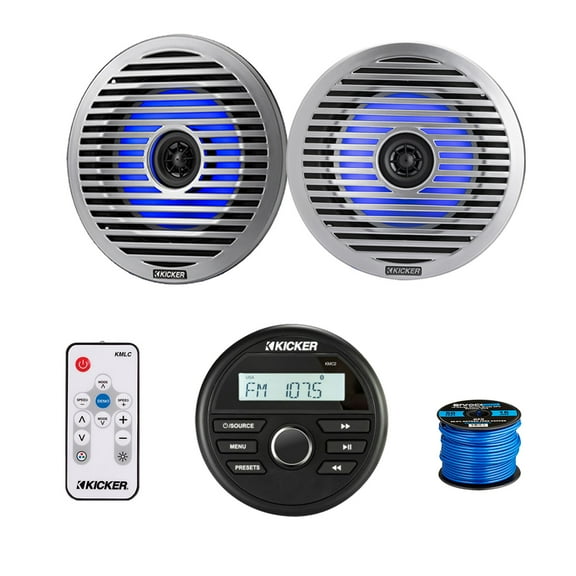 Kicker 46KMC2 Marine Gauge Style USB Bluetooth AM/FM Receiver, 2x 6.5" 130 Watt Peak Thin-Mount Multicolor LED Boat Audio Speakers w/ 2x White Grilles, 2x Silver Grilles, LED Remote Control, Antenna