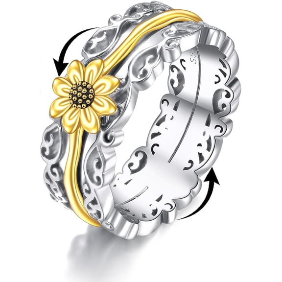 MYSTICPOEM Filigree Sunflower Fidget Rings for Anxiety 925 Sterling Silver Sunflower Cross Moonstone Moss Agate Spinner Rings for Women Anti Stress Mood Rings Gifts Band Wide