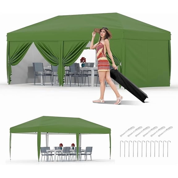 10x20 Pop Up Canopy Tent with 4 Sidewalls, Heavy Duty Outdoor Canopy UPF 50 All Season Waterproof Commercial Street Vendors Party Tents with Roller Bag, 8 Stakes & 6 Sandbags,Green