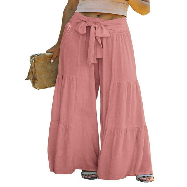 POINTERTECK Pantalon Palazzo Large en Lin Taille Smockée pour Femmes Décontracté Été Taille Haute avec Poches Bleu Clair S