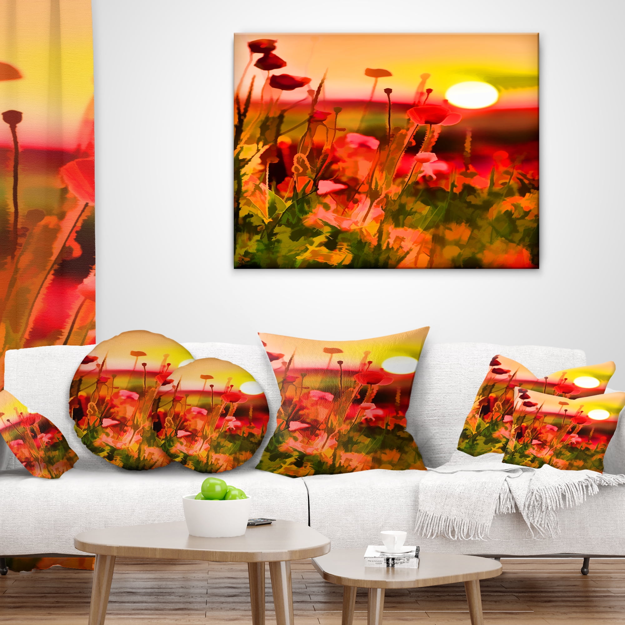 Designart Summer Sunset with Red Poppies - Landscape Printed Throw Pillow - 16x16