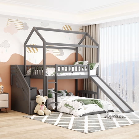 Gray Twin Over Twin Bunk Bed with Two Drawers and Slide, House Bed with Slide