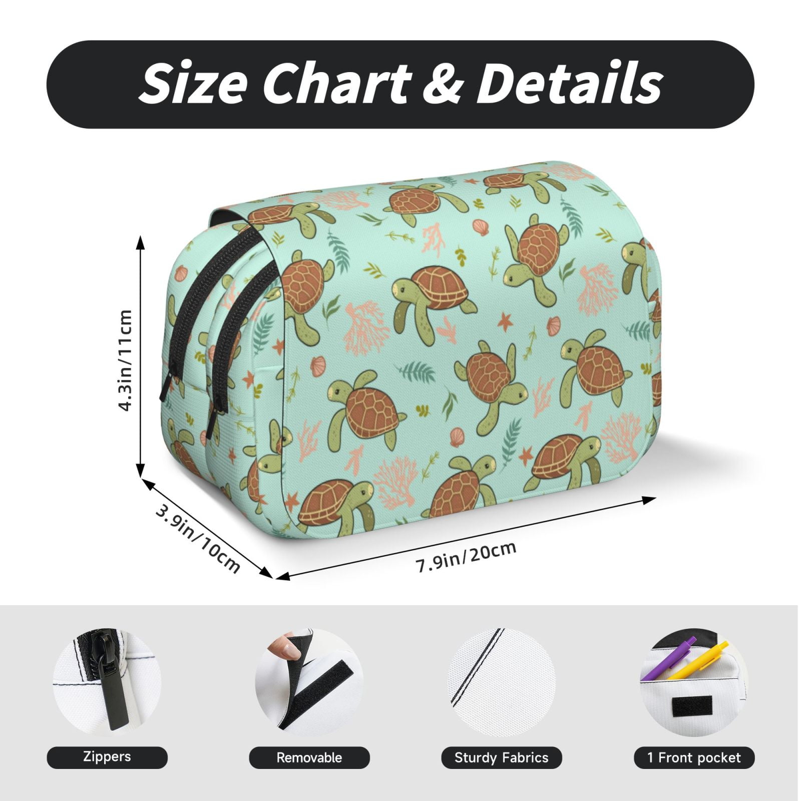 Rateoe Cute Sea Turtles Pattern Double Clamshell Pen Case, Storage Organizer with Two Zipper Compartments– Holds Up to 50 Pencils & Pens