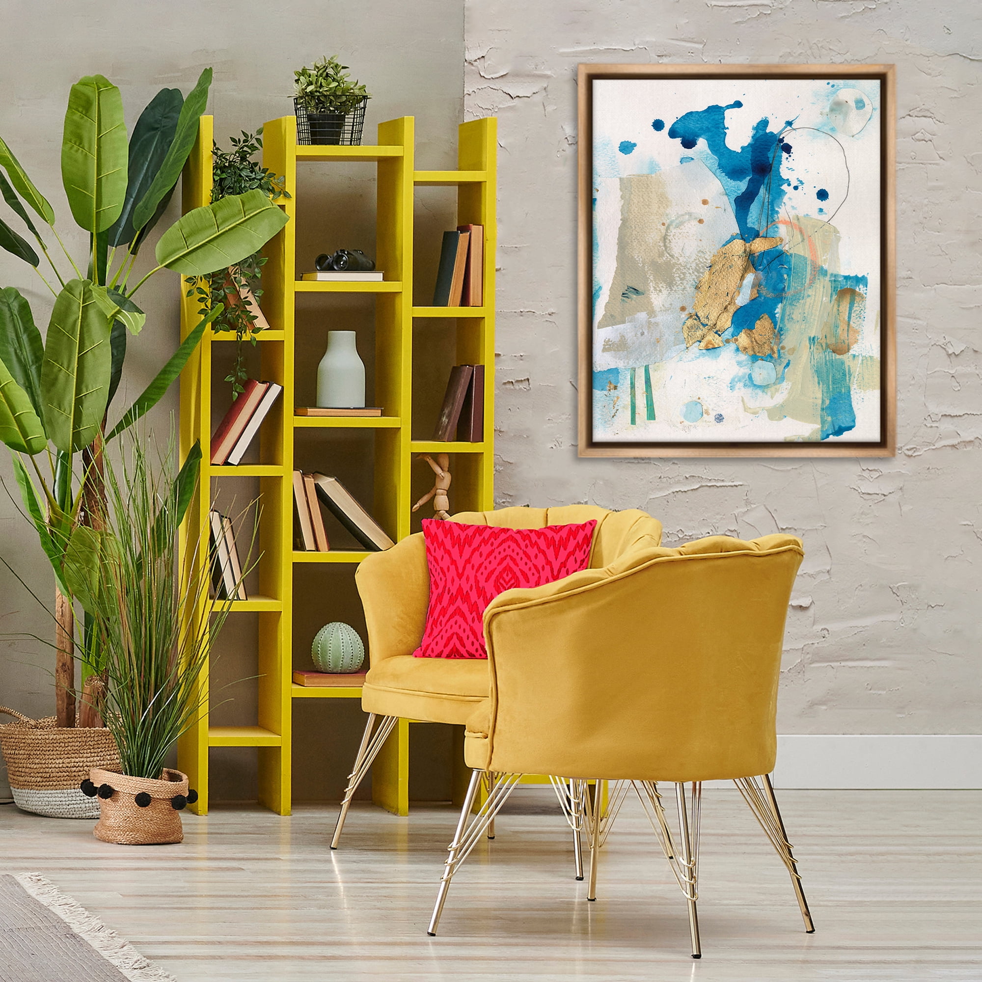 Stupell Industries Blue & Gold Splash Abstract Abstract Painting Brown Floater Framed Canvas Art Print Wall Art, 25 x 31