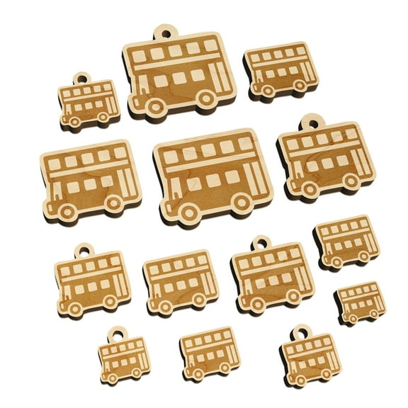 London Double Decker Bus Public Transportation Wood Mini Charms Shapes DIY Craft Jewelry - With Hole - Various Sizes (16pcs)