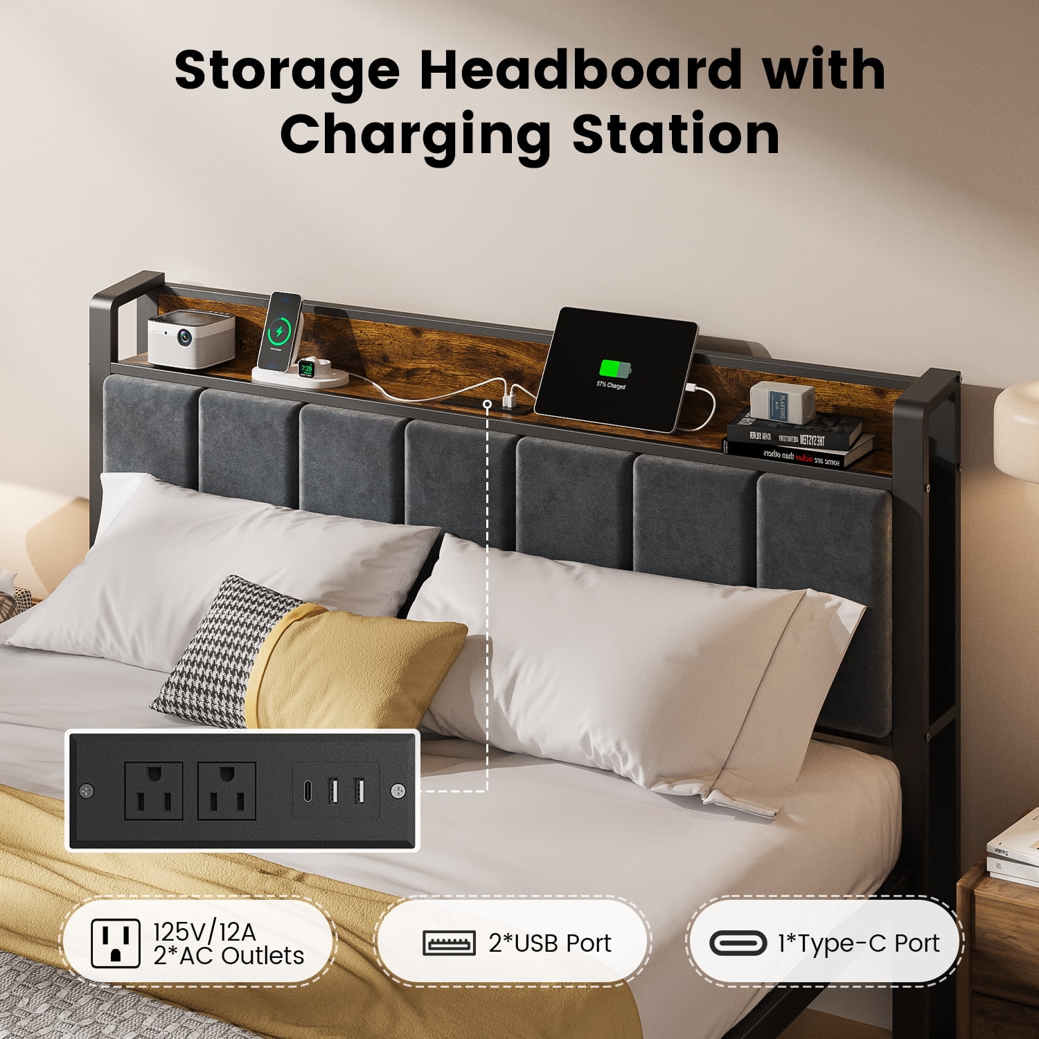 OLEVS Queen Bed Frame with Headboard, LED Lighting, Charging Station, No Box Spring Required