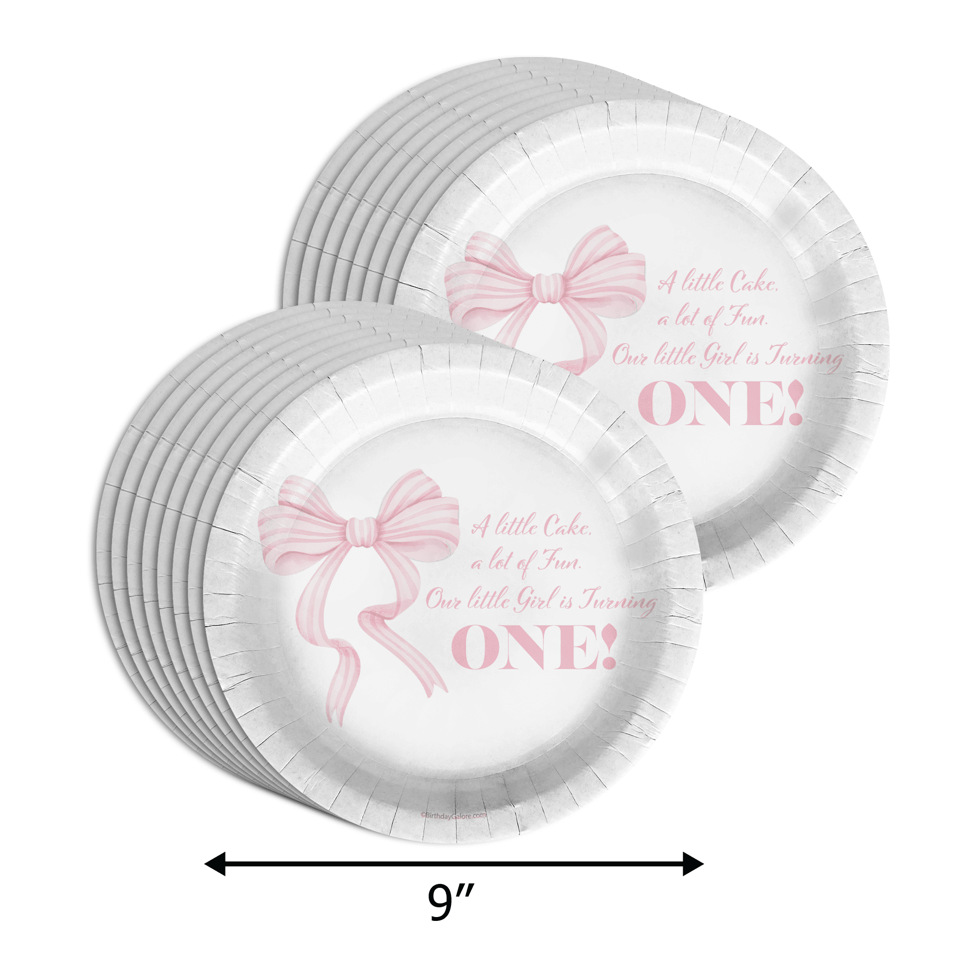 Pink Bows 1st Birthday Party Supplies - 64 Piece First Birthday Tableware Set Includes Large 9" Dinner Plates and 8" Dessert Paper Plates Napkins Cups - Kit for 16