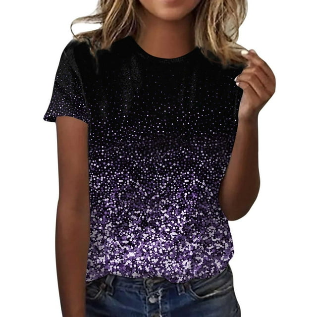 TSADFHJI Chandails pour Femmes en Coton Mode Décontractée pour Femmes Dégradé à Paillettes Imprimé Col Rond T-Shirt Ample