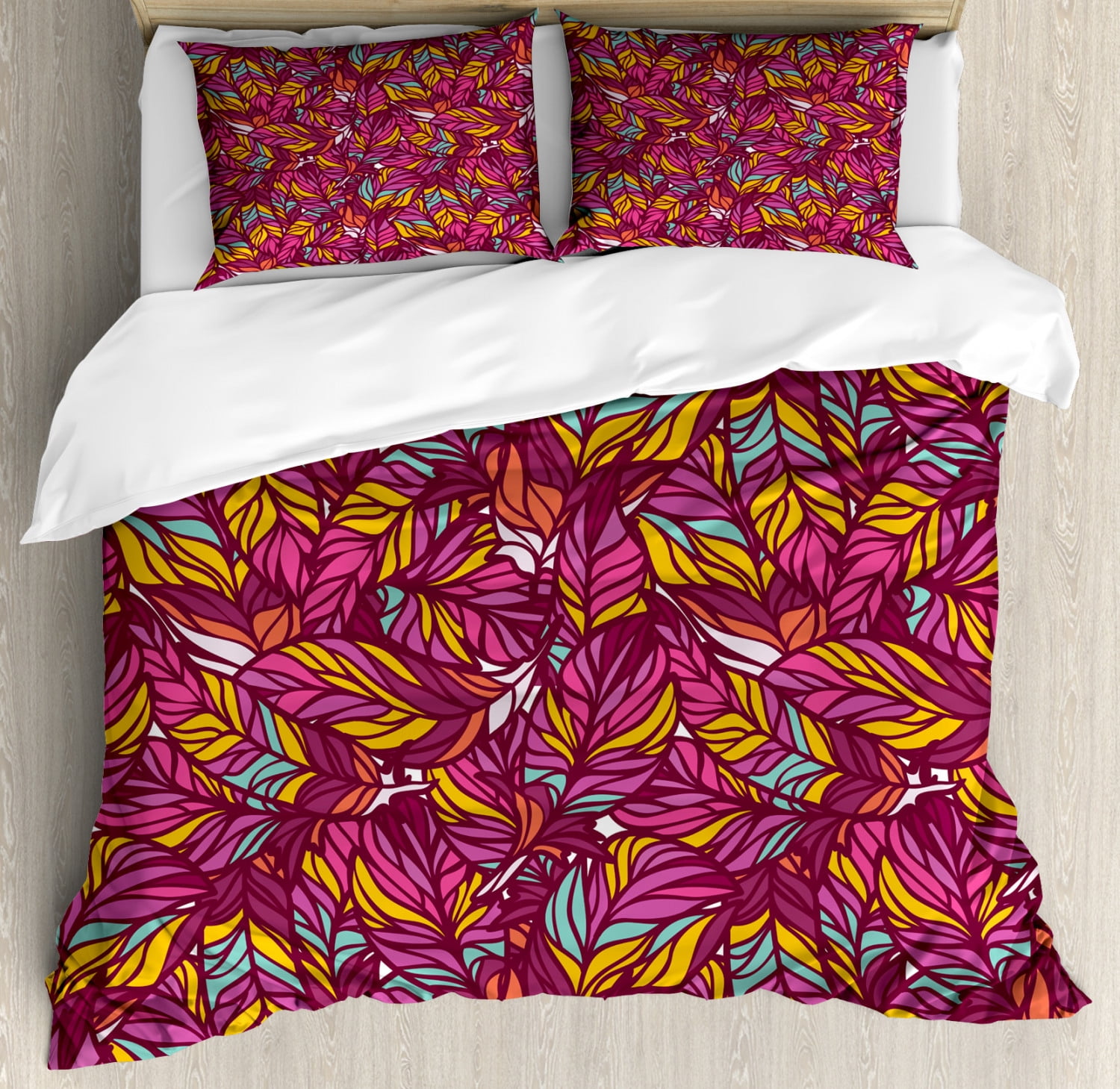 Feather Duvet Cover Set Queen Size, Psychedelic Style Vibrant Colored