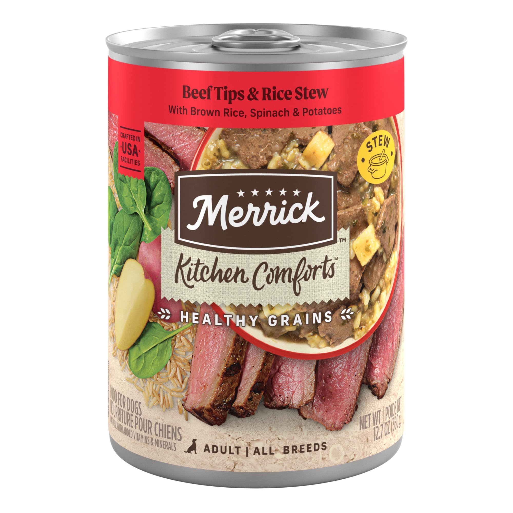 Merrick Healthy Grains Kitchen Comforts, Beef Tips and Rice Stew Wet Dog Food, 12.7 oz., Case of 12