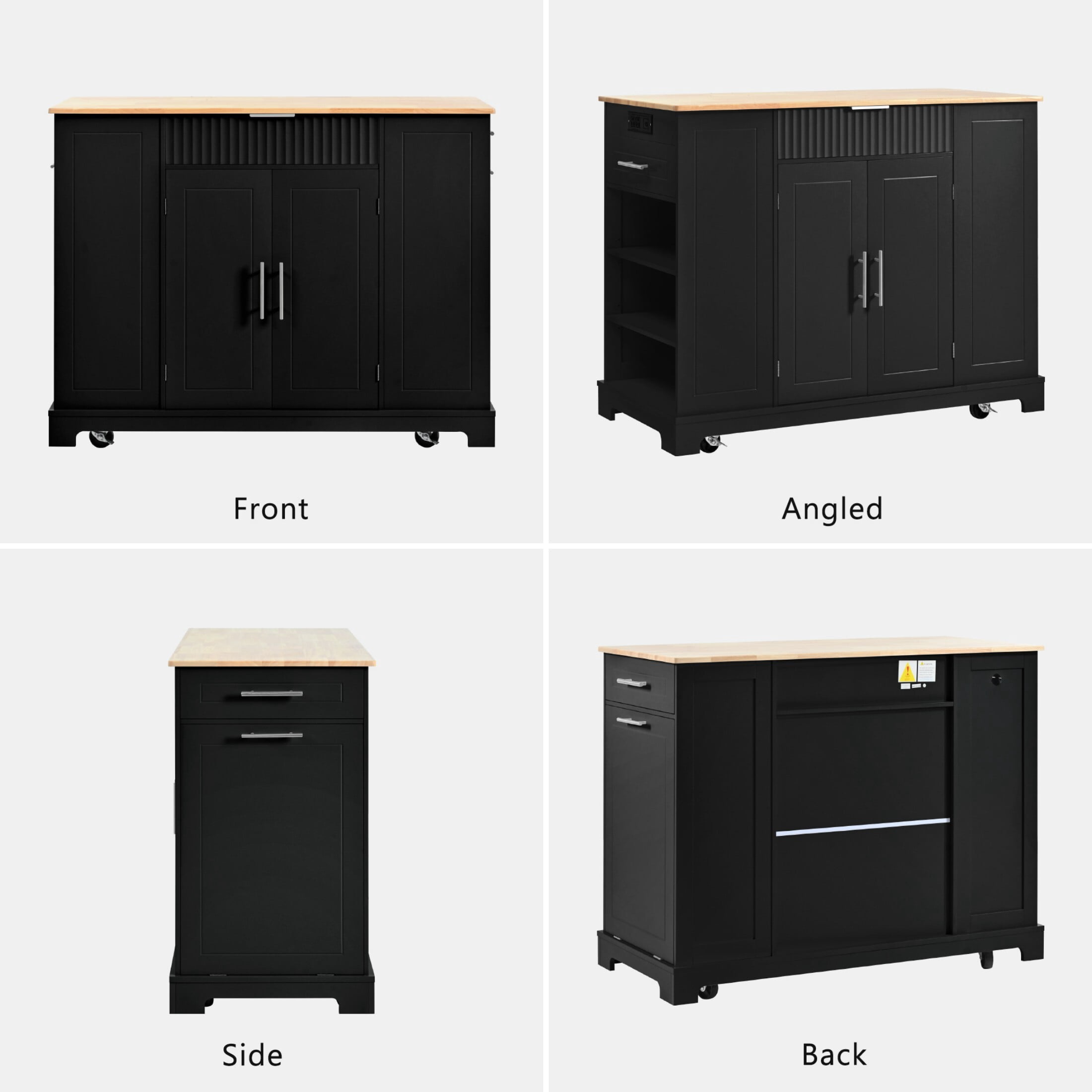 DEALTOPS 47.2'' Kitchen Island With Trash Can and Power Outlet, Rolling Kitchen Storage Cart with Open Shelves, Black