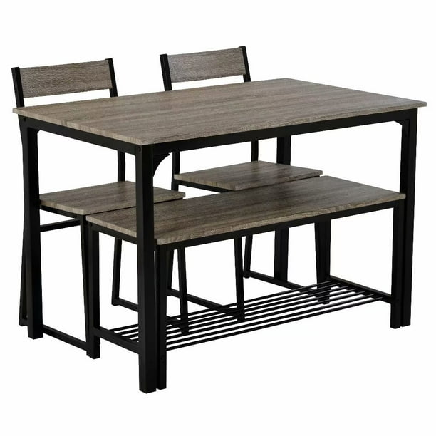 Piscis Dining Room Set With Bench Rustic Farmhouse Chairs For 4 Wood And Metal Table Home Gray Com Piscis Dining Room Set With Bench, Rustic Farmhouse Dining Table Set With Bench