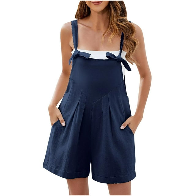 aidice Summer Overalls for Women Casual Loose Tie Adjustable Strap Ruched Shorts Rompers with Pockets