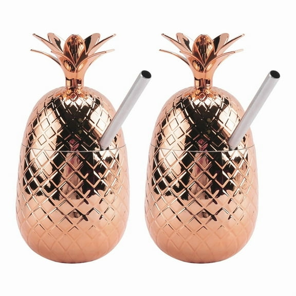 2 Pack Pineapples Drink Cups, 450Ml Copper Tumbler with Stretched Straw, Hawaiian Luau Party Cups